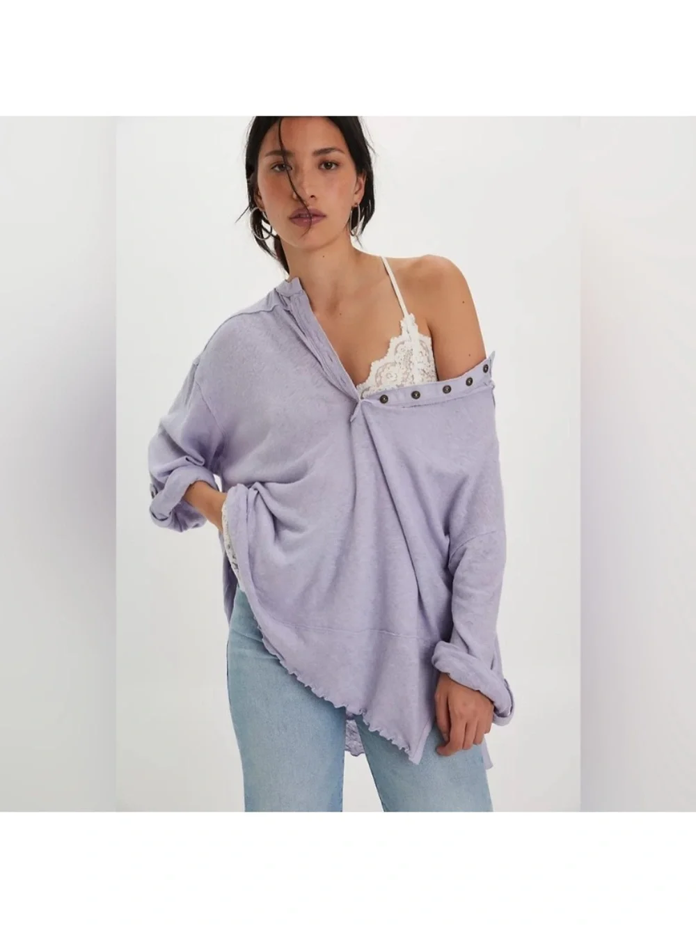 Free People Mystic Lilac We The Free Cotton-Linen Henley Tee